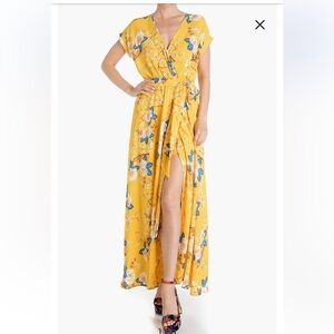 Meghan LA Jasmine Floral Wrap Maxi Dress Yellow Floral Print New Size Large